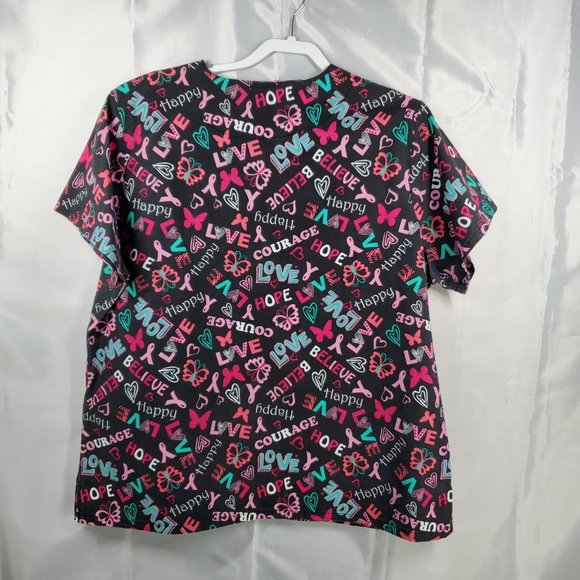 Scrub Studio V-Neck Scrub Top Butterflies Hearts and Ribbons Pink Teal Wms Sz XL - Picture 2 of 6